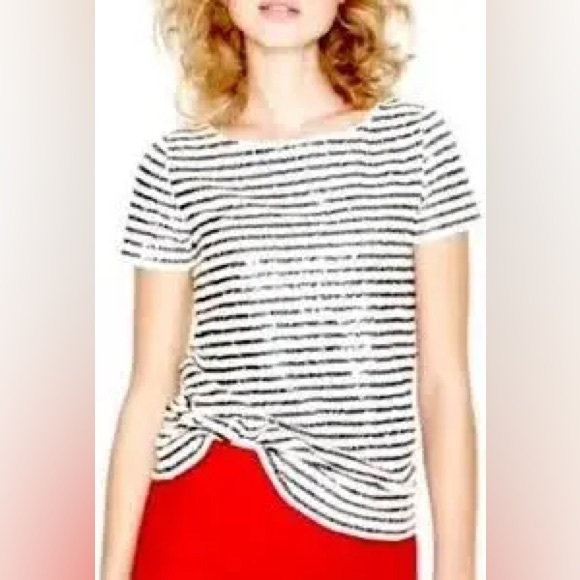 J Crew sequined embellished tan blouse with black stripes short sleeve size M - Picture 1 of 10